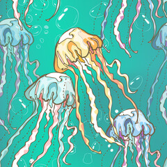 Seamless pattern with hand drawn jellyfishes with bubbles. Vector illustration