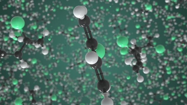Chloroprene molecule, conceptual molecular model. Chemical looping 3d animation