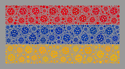 Mosaic Armenia flag created of bacilla items. Armenia flag collage is composed of scattered coronavirus elements. Vector coronavirus collage straight Armenia flag created for vaccination posters.
