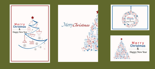Elegant Christmas poster and greeting cards set with plumber tools on Christmas tree, ball, xmas elements and decorations.