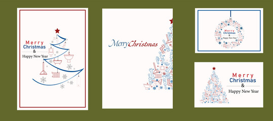 Elegant Christmas poster and greeting cards set with plumber tools on Christmas tree, ball, xmas elements and decorations.