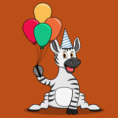 Character Zebra Bring Balloons, Brown Colors Background, Mascot, Icon, Character or Logo, Vector and Illustration.