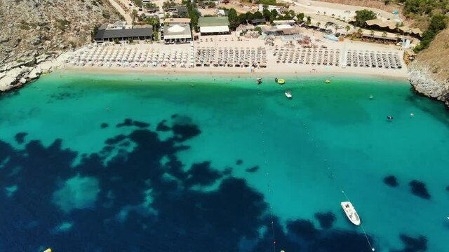 Beautiful seascape. Beach on coast of Ionian Sea in Albania, Ksamil, near Greece island Korfu. Birdseye view of Mirror Beach Pasqyra in Saranda, Albania Albanian Riviera View from drone