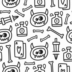 cartoon skull doodle seamless pattern design for clothing, wallpapers, backgrounds, posters, books, banners and more