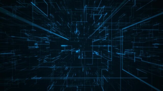 Grid, corner structure from glowing particles, lines. Seamless loop motion background. 