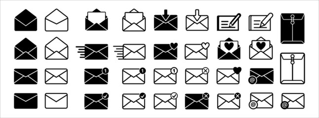 Message mail icon vector set. E-mail envelope icon illustration pack. Inbox, sending, opened, received, texting, write, favorite, love, sent, delivered, download of mail sign symbol. - obrazy, fototapety, plakaty