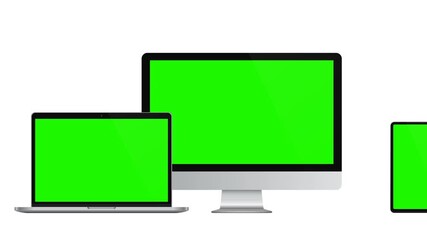Modern devices mockups: PC, laptop, tablet computer, smartphone with green screens. 4K animation for presentation on mockup screen