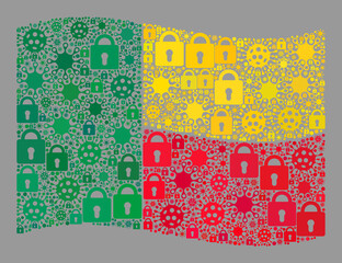 Mosaic covid lockdown waving Benin flag constructed with locks and contagious elements. Vector collage waving Benin flag designed for medicare projects.