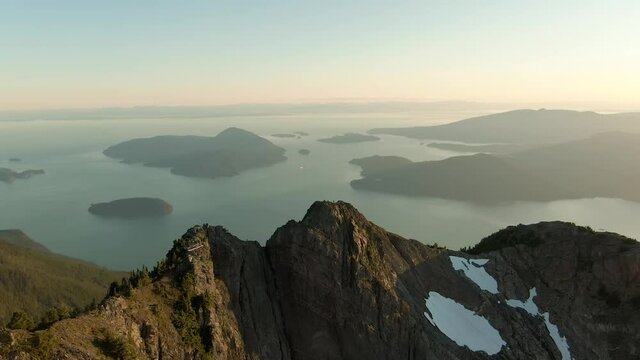 Aerial View of Rocky Canadian Mountain Landscape. Sunny Summer Evening. Sight from Mnt Brunswick, near Vancouver and Squamish, British Columbia, Canada.