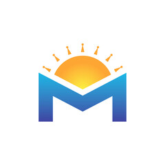initial letter M with sunrise and crown