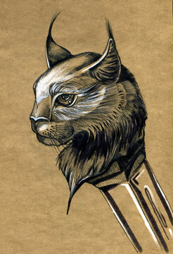 A cat's head in the form of a sword hilt. Ink drawing on yellow paper.