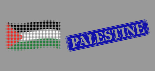 Pixelated halftone waving Palestine flag icon, and Palestine dirty rectangular stamp seal. Vector halftone composition of waving Palestine flag pictogram formed of circle pixels.