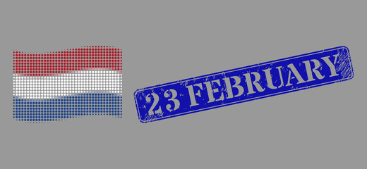 Dot halftone waving Netherlands flag icon, and 23 February scratched rectangle seal print. Vector halftone mosaic of waving Netherlands flag icon done of round pixels.