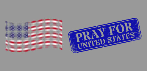 Dot halftone waving USA flag icon, and Pray For United States rubber rectangle seal imitation. Vector halftone composition of waving USA flag icon constructed of circle pixels.