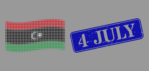 Dotted halftone waving Libya flag icon, and 4 July scratched rectangle stamp seal. Vector halftone mosaic of waving Libya flag icon made with circle elements. - Powered by Adobe