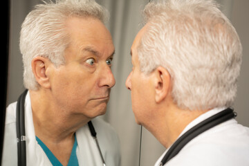 Doctor making funny faces in the mirror