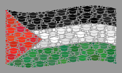Mosaic waving Palestine flag designed of student cap elements. Student vector collage waving Palestine flag combined for academic advertisement.