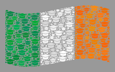 Mosaic waving Ireland flag designed with graduation cap items. Graduation vector mosaic waving Ireland flag organized for intelligence propaganda.