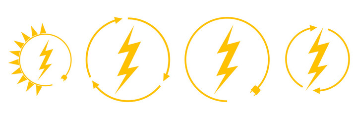Electric car charging and renewable energy icons, graphic design template, lightning bolt, vector illustration