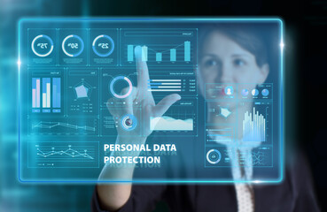 Business, Technology, Internet and network concept. Young businessman working on a virtual screen of the future and sees the inscription: Personal data protection