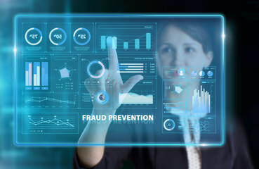 Business, Technology, Internet and network concept. Young businessman working on a virtual screen of the future and sees the inscription: Fraud prevention