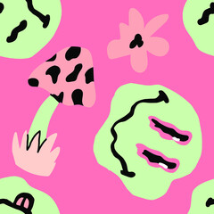 Psychedelic seamless pattern with mushrooms and melting faces. The 1970's like style.