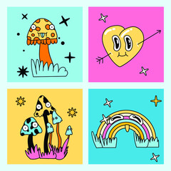 Set of psychedelic 70's style posters with cartoon characters: rainbow, heart and mushrooms with eyes.