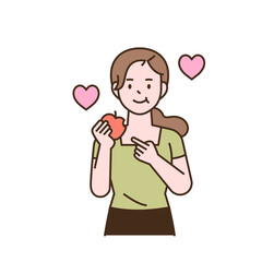 Vegetarian character. A woman is enjoying an apple. flat design style minimal vector illustration.