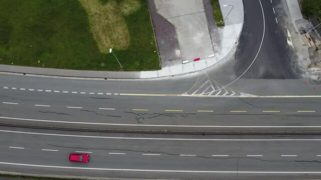 Aerial drone view of road in city polygon