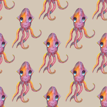 Seamless patterns with squid on a gray background. Sea creatures. Sea life. The illustration is hand-drawn in watercolor.