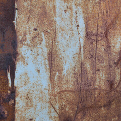 Old light blue painted grey rusty rustic rust iron metal frame background texture, vertical aged damaged weathered scratched framed plain paint patch plate, grunge pattern copy space macro closeup
