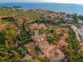 Fototapeta na wymiar Aerial view of the wonderful seaside village of Kardamyli, Greece located in the Messenian Mani area. It is one of the most beautiful places to visit in Greece, Europe