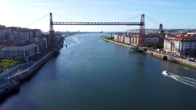 Aerial view of the suspension bridge, Vizcaya bridge in Portugalete