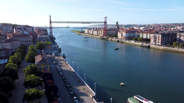 Aerial view of the suspension bridge, Vizcaya bridge in Portugalete