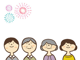 かわいい打上花火と家族／手書きイラスト