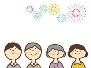 かわいい打上花火と家族／手書きイラスト