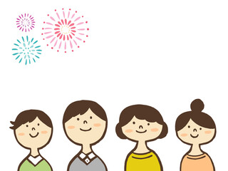 かわいい打上花火と家族／手書きイラスト