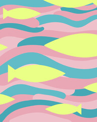 Fish pattern design for print, t-shirt design, design element. Primitive drawing. Colored fish pattern.