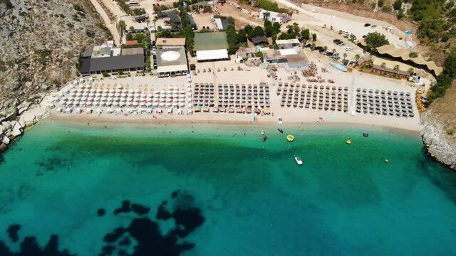 Beautiful seascape. Beach on coast of Ionian Sea in Albania, Ksamil, near Greece island Korfu. Birdseye view of Mirror Beach Pasqyra in Saranda, Albania Albanian Riviera View from drone