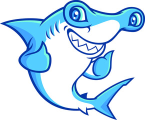 Cute Hammerhead Shark with Thumb Up Fins Cartoon Character Design - obrazy, fototapety, plakaty