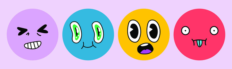 Cute cartoon comic faces with various emotions. Different colorful characters in crayon freehand drawing style.
