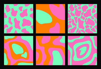 Set of psychedelic the 70's style backgrounds with melting flowing abstract shapes.
