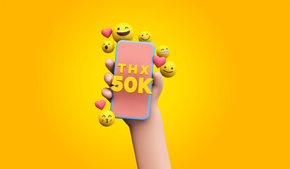 Thanks 50k social media supporters. cartoon hand and smartphone. 3D Render.