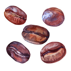 Set watercolor brown coffee bean isolated on white background. Aroma caffeine ingredient for hot beverage. Hand-drawn clip art design element for menu, sticker, cezve, kitchen, cafe, cafeteria