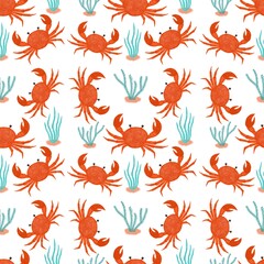 Cute orange crabs and seaweed. Seamless pattern in hand drawn style for clothes, prints, textiles, fabrics, wallpapers. Digital illustration on a marine theme on a white background