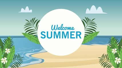 welcome summer lettering with leafs beach scene