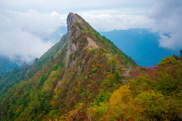 愛媛県西条市にある石槌山を紅葉の季節に登山する風景 A view of climbing Mount Ishizuchi in Saijo City, Ehime Prefecture, during the season of autumn leaves.