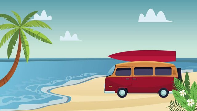 summer beach seascape scene with surfboard in van
