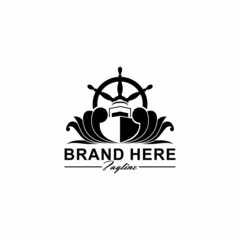 Ship logo design with waves and ship rudder