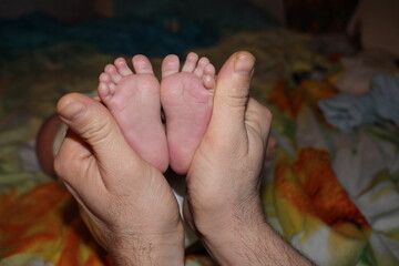 the father's hands hold the small legs of a newborn child a man and a son were born